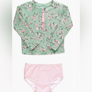 Mint Green Floral Girls Rash Guard Set with Pink Stripes